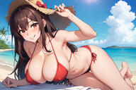 ai-generated ai-upscaled anime beach beach_towel bikini blushing brown_eyes brunette busty island isle long_hair looking_at_viewer lying paradise_island public_domain red_bikini smile sole_female stable_diffusion straw_hat waifu2x wtfpl_v2 // 1536x1024 // 307KB