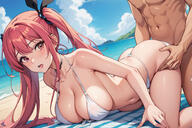 ai-generated ai-upscaled anime ass_grab beach beach_towel bikini blushing busty female island isle long_hair looking_at_viewer lying male muscular_male paradise_island pigtail pink_eyes pink_hair public_domain smile stable_diffusion sweat waifu2x white_bikini wtfpl_v2 // 1536x1024 // 347KB